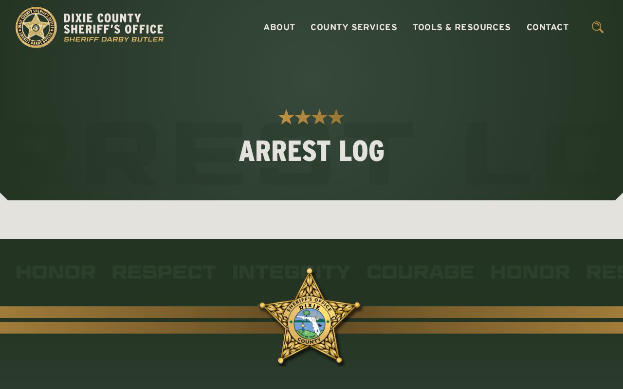 Dixie County Sheriff official Arrest Log page without visible booking rows