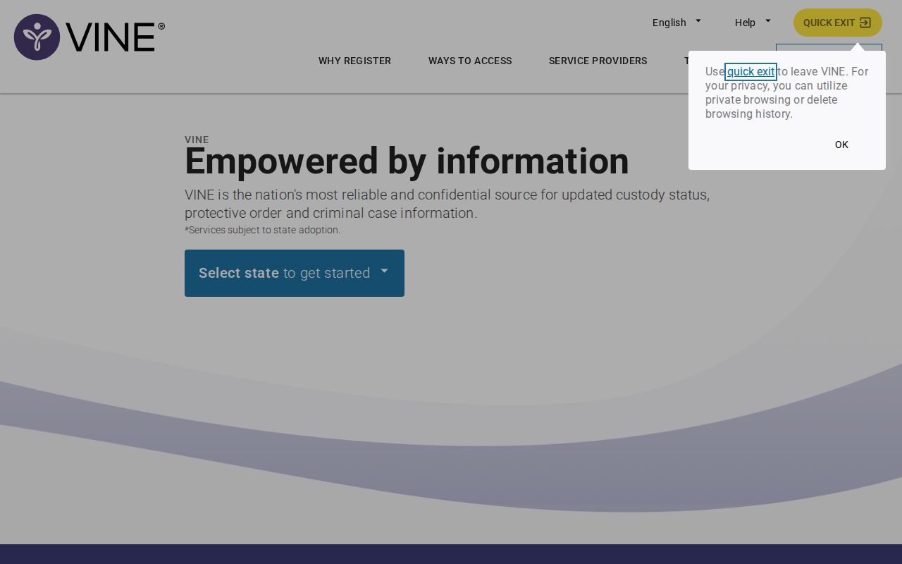 Official VINELink registration interface for custody notifications