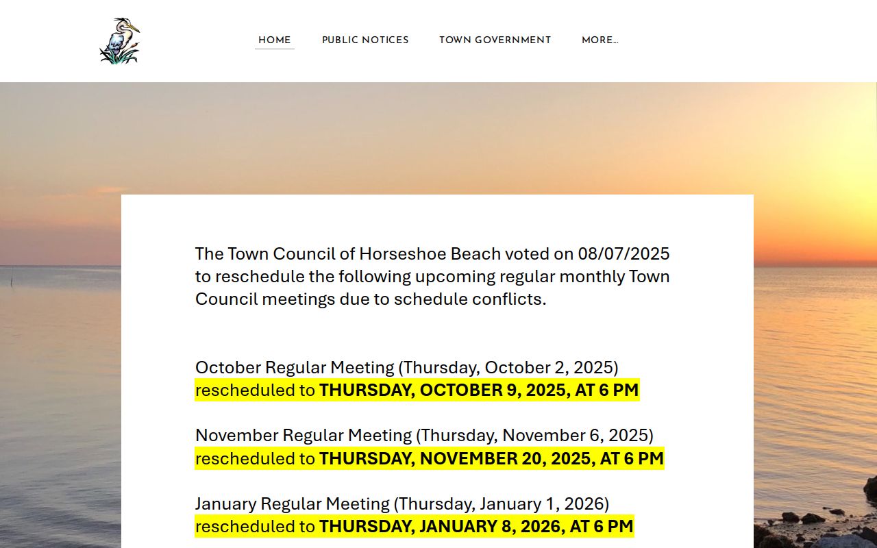 Official Town of Horseshoe Beach website showing municipal information and contact context